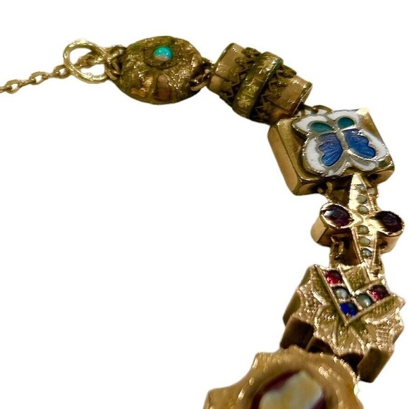 Vintage Victorian Slide Charm Gold Filled Bracelet with Mother of Pearl Fob - Picture 7 of 9